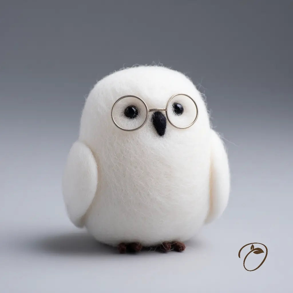 A white felt owl figurine with round wire glasses, a black beak, and small brown feet, photographed against a smooth gray gradient background.