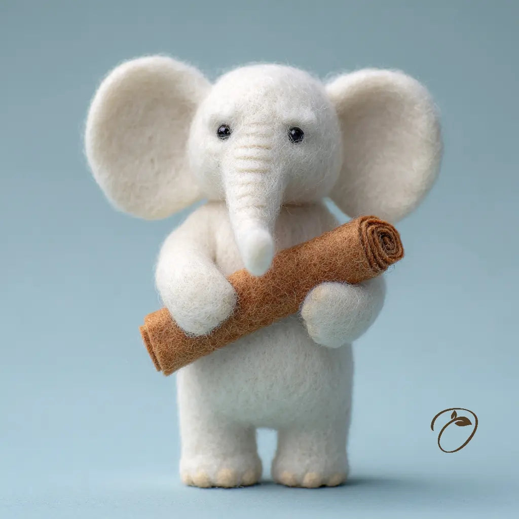 A small white felt elephant holding a rolled brown scroll, photographed against a soft light blue background.
