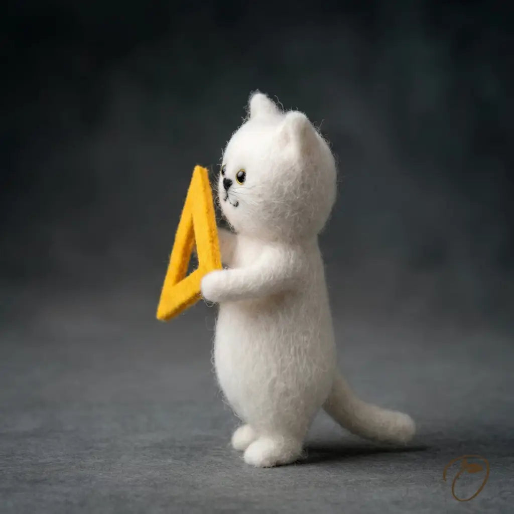 White cat figurine holding a yellow triangle on a dark background