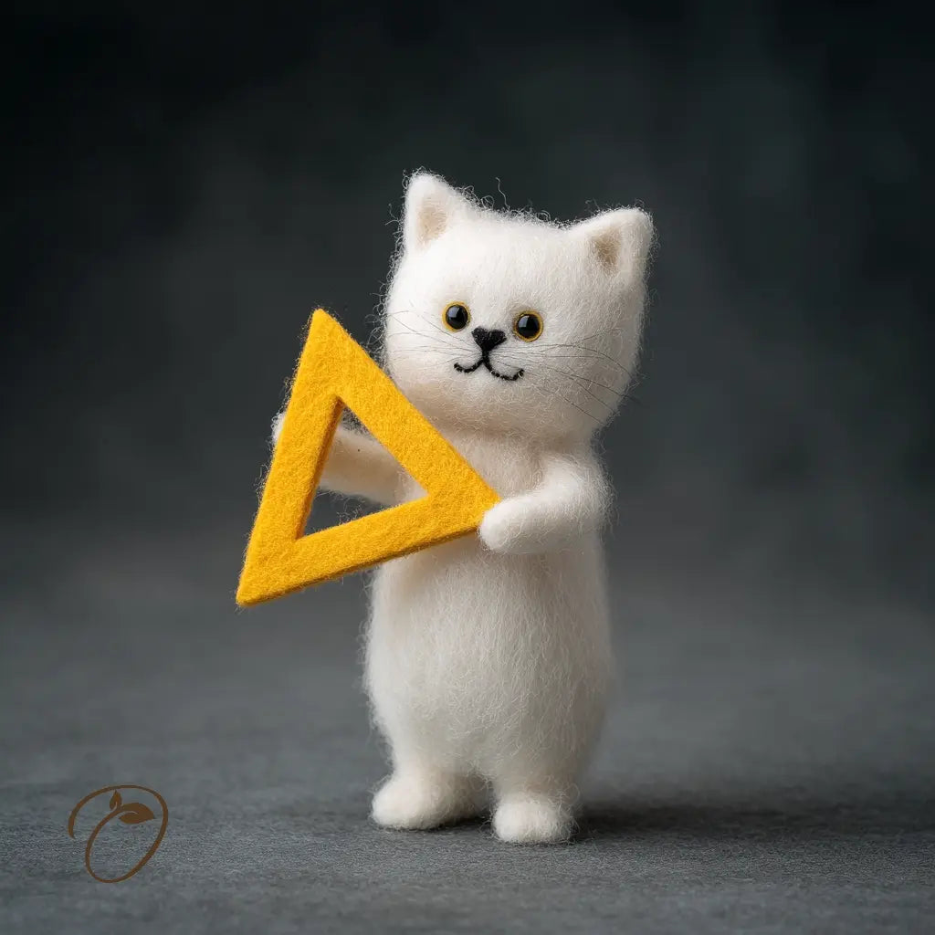 White cat figurine holding a yellow triangle against a dark background