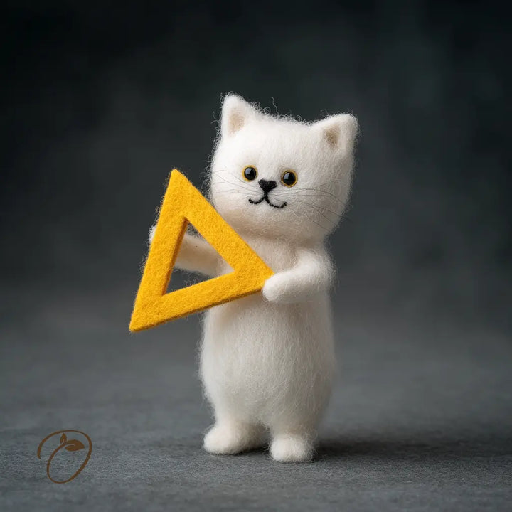 White cat figurine holding a yellow triangle against a dark background