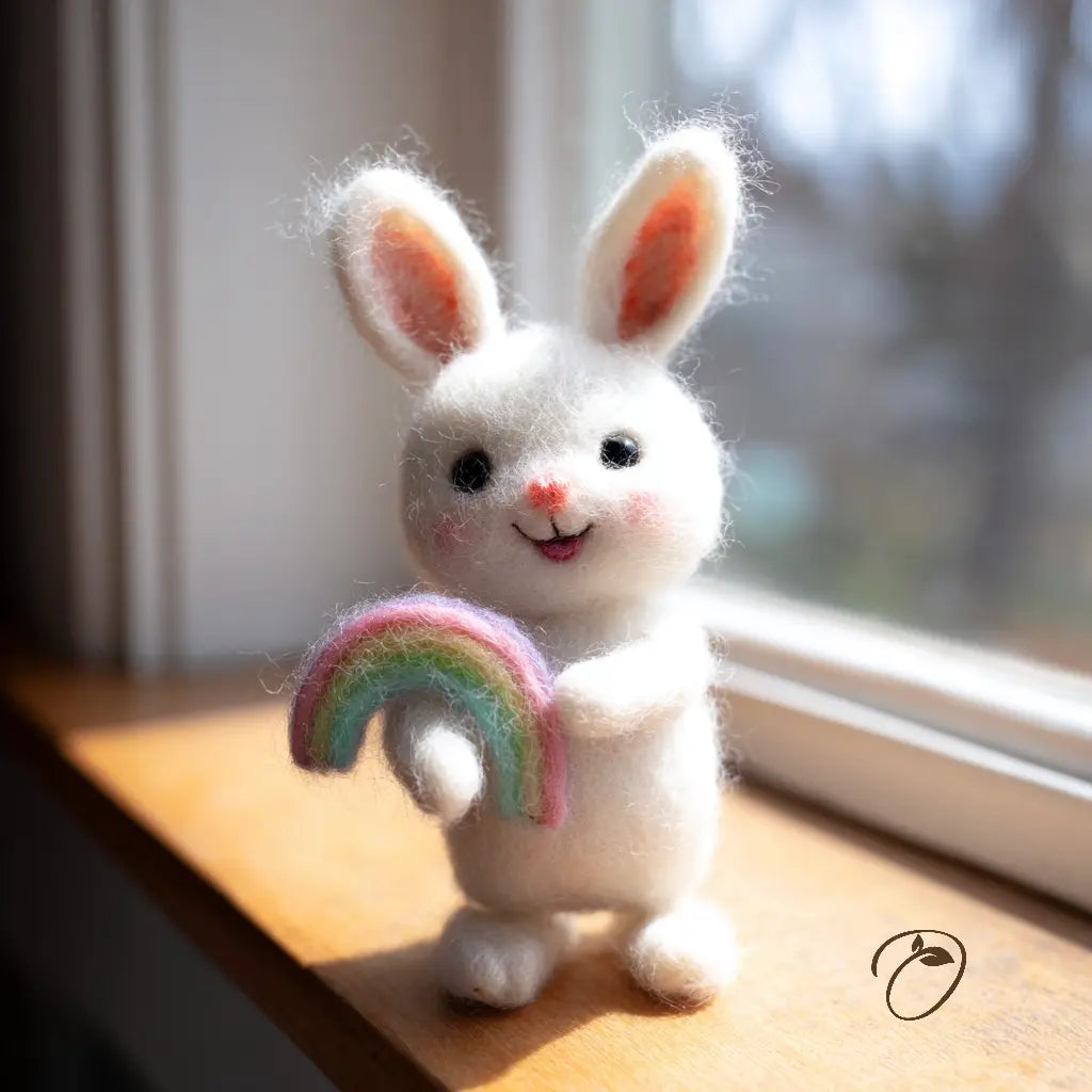 A white felted wool bunny figurine with pink inner ears, holding a small pastel rainbow, placed on a wooden windowsill with soft natural light.