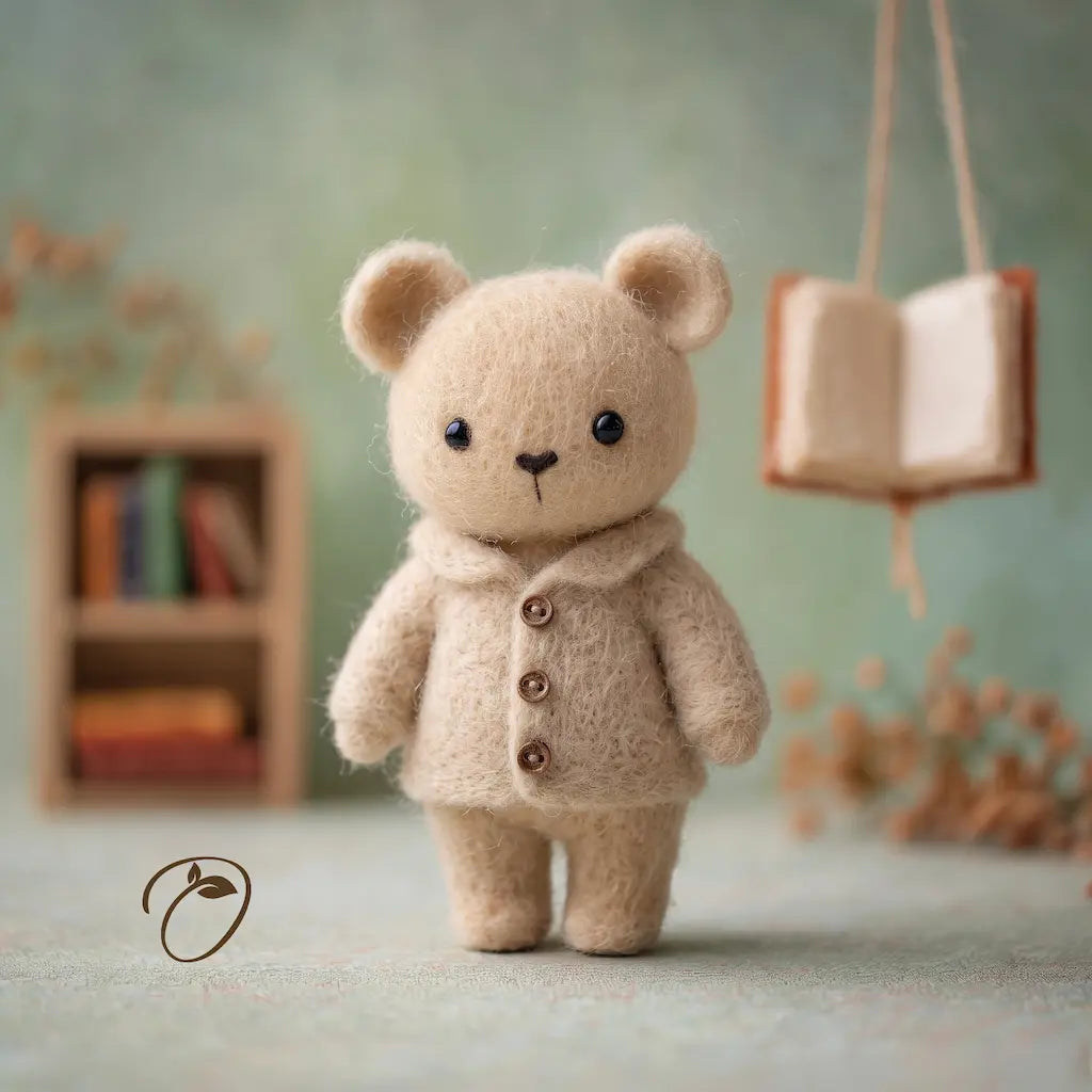 A small felt teddy bear wearing a beige coat with three brown buttons, standing in a softly styled room with a blurred bookshelf and hanging book in the background.