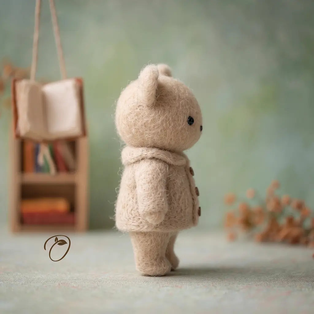 Small felted wool teddy bear figure wearing a cream-colored coat and scarf, shown from the back in a softly styled miniature scene with a tiny bookshelf and dried flowers in the background.