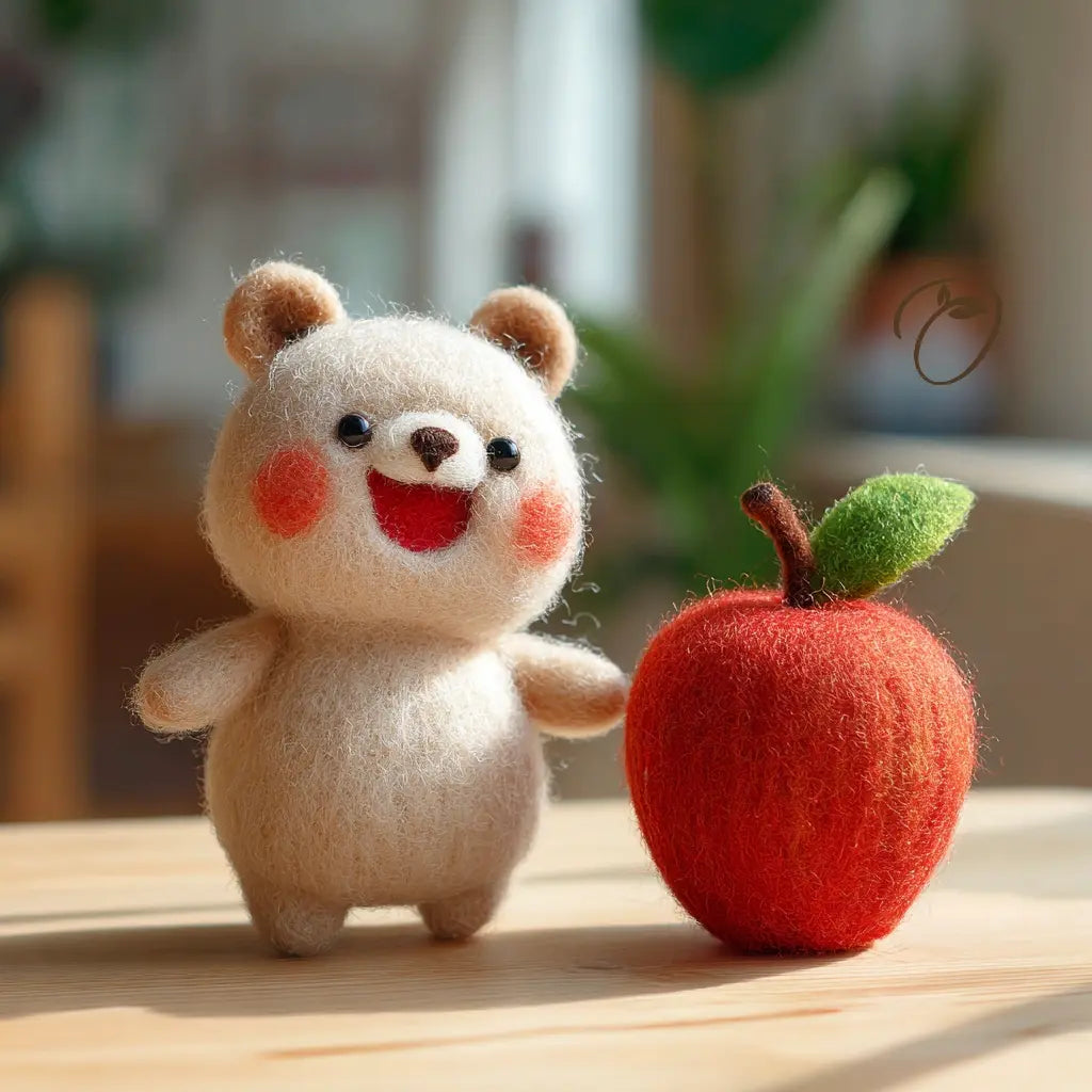 A small felted wool bear figurine with a red apple beside it, placed on a light wooden surface with a softly blurred indoor background.