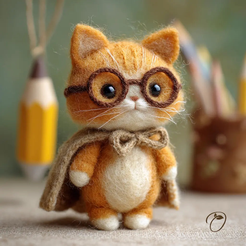 Felted cat figurine with glasses and a bow tie on a neutral background