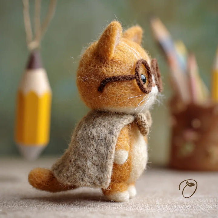 Felted cat figurine wearing glasses with a blurred background