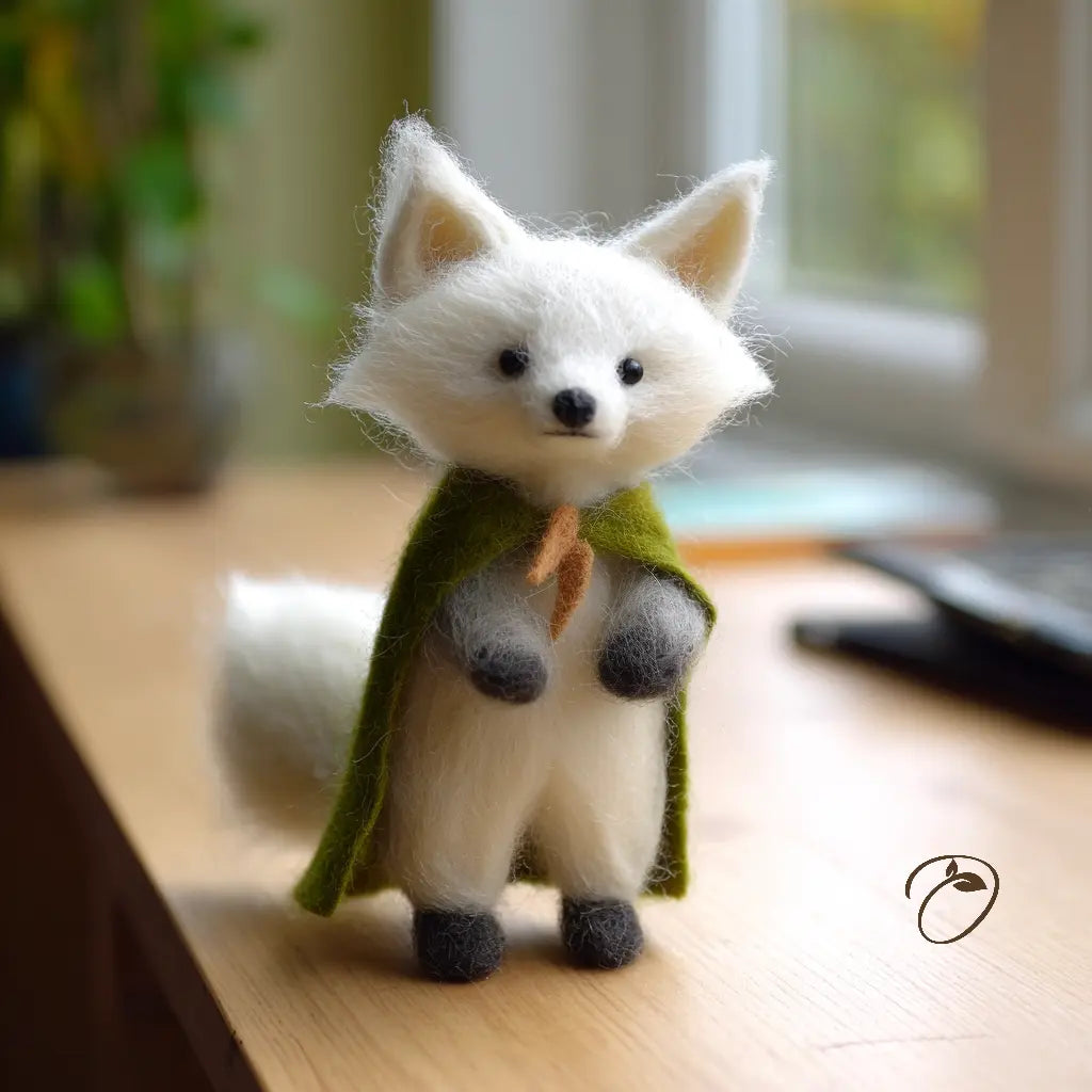 Felted animal fox wearing a green cape on a wooden surface