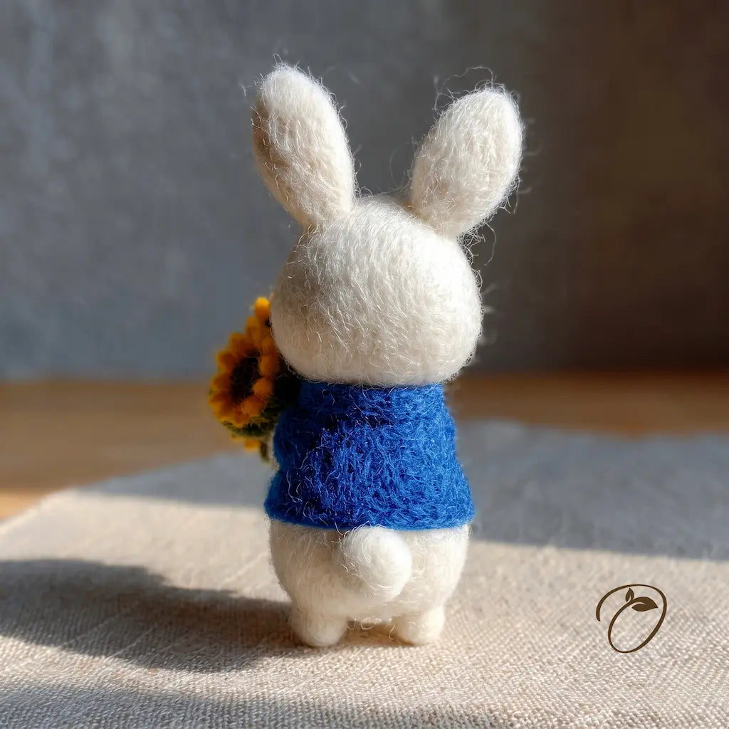 White rabbit figurine wearing a blue sweater with a sunflower on a textured surface.