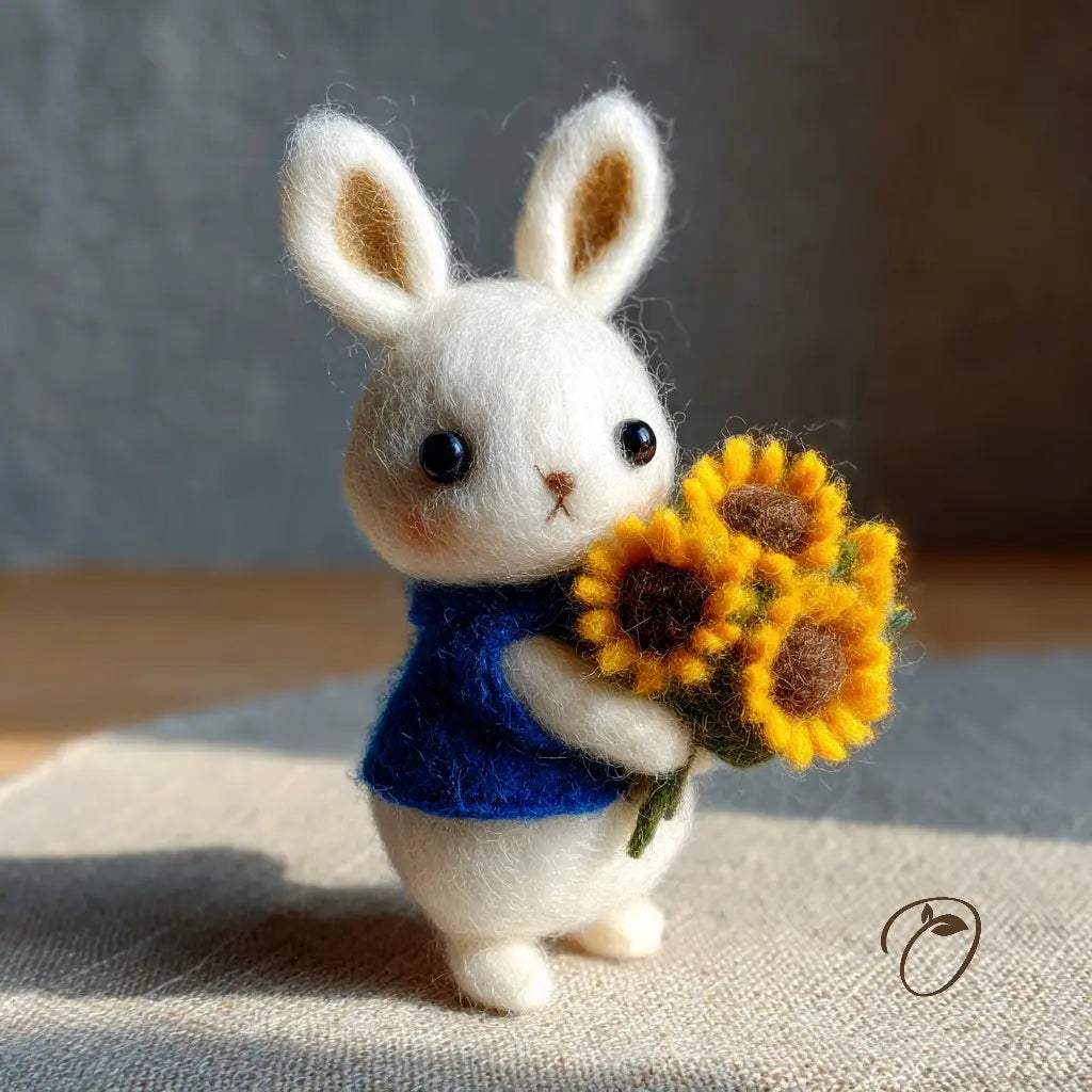 White rabbit figurine holding a sunflower bouquet on a textured surface with a neutral background