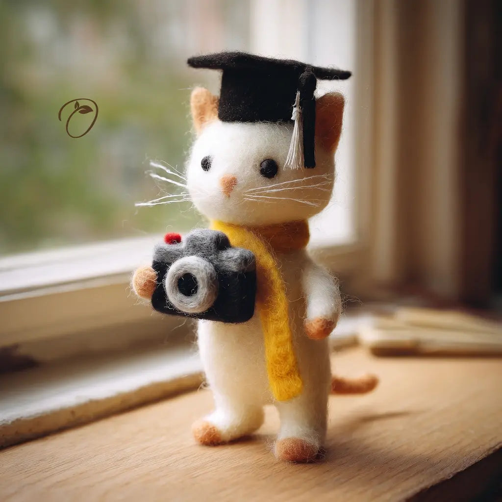 Cat figurine with a graduation cap and camera on a wooden surface