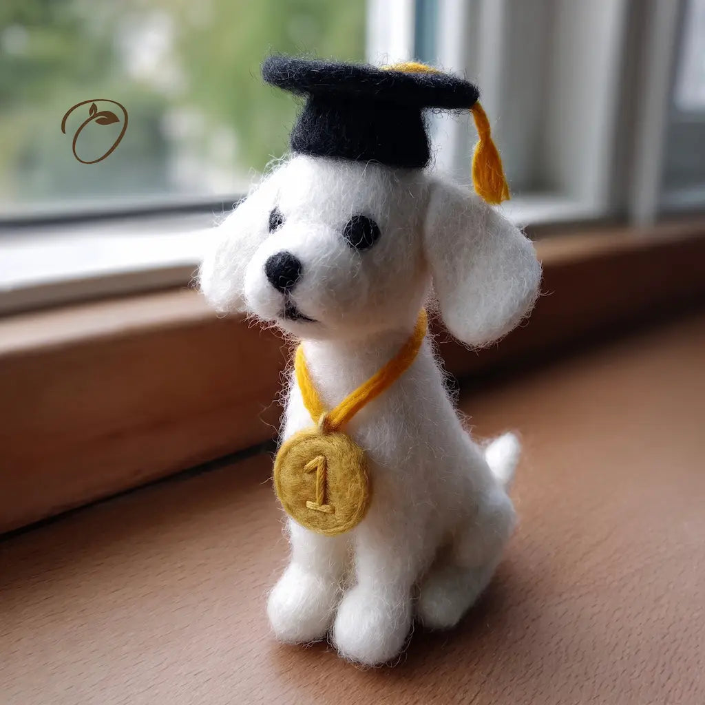 White dog figurine with a graduation cap and medal on a wooden surface.