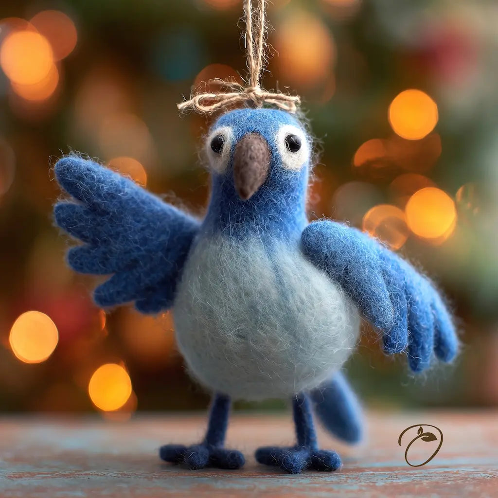 A blue and white felted wool bird ornament with outstretched wings, hanging from a twine loop, set against a warm, blurred holiday background with glowing lights.