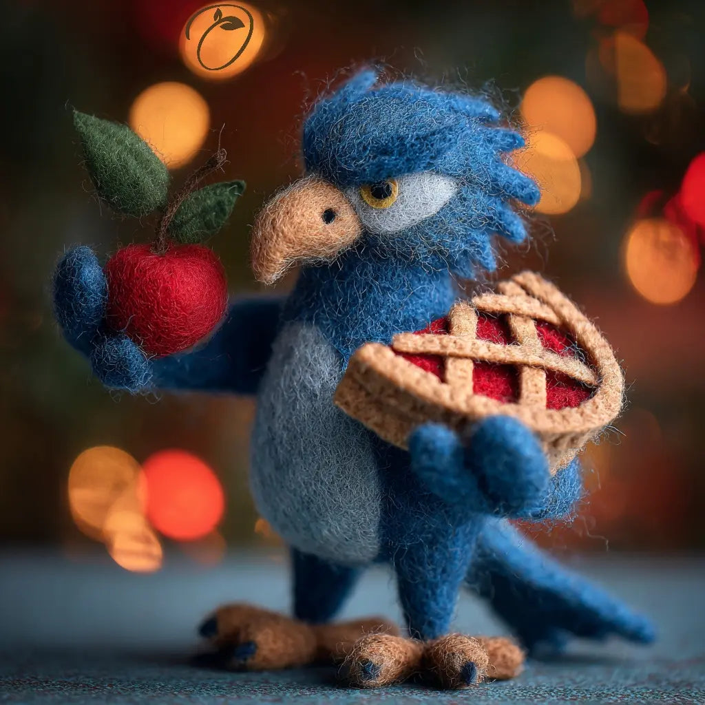 A blue felt bird figurine holding a red apple in one hand and a woven pie in the other, set against a warm blurred holiday bokeh background.