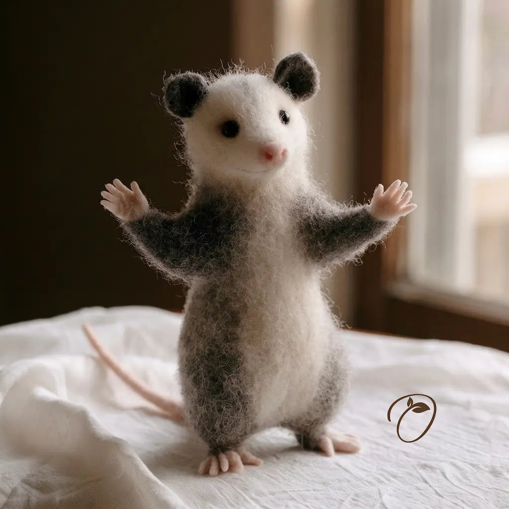 A needle-felted animal figurine of a small opossum or rodent standing on its hind legs with raised paws, made from soft gray and white wool with pinkish skin details, photographed on a white fabric surface in a softly lit indoor setting.