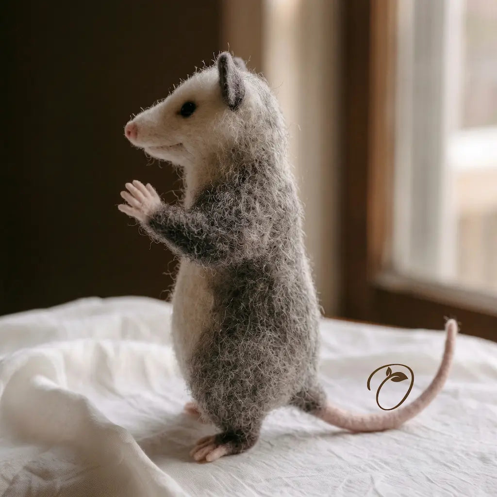 A needle-felted animal figurine of a possum standing on its hind legs on a white bed, with a warm window in the background.