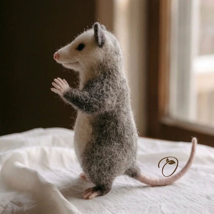 A needle-felted animal figurine of a possum standing on its hind legs on a white bed, with a warm window in the background.