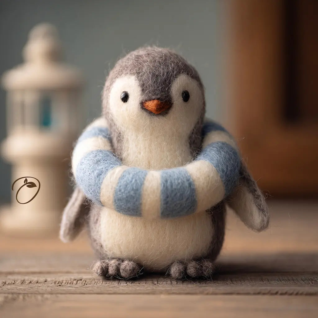 A small felted penguin figurine with gray and white feathers, wearing a blue and cream striped scarf, standing on a wooden surface with a softly blurred indoor background.