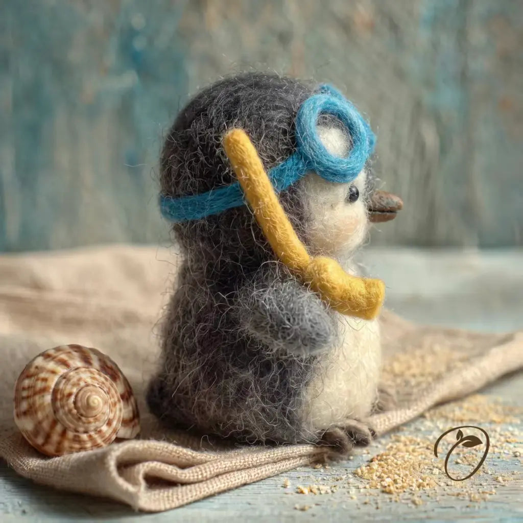 A needle-felted penguin figurine wearing blue goggles and holding a yellow snorkel, sitting on a beige fabric surface with a seashell and sand-like texture around it.