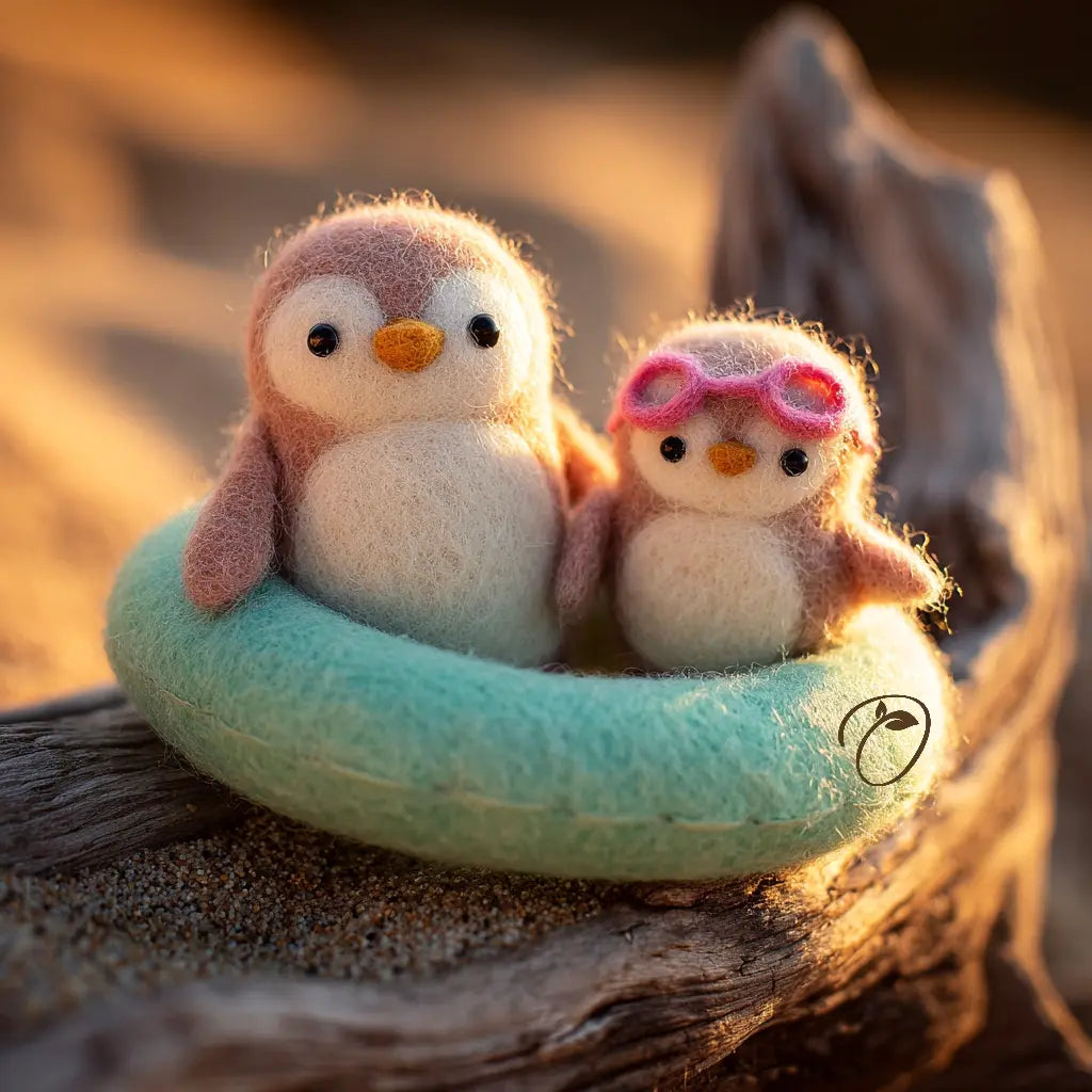 Two small felt penguin toys sit in a mint-green ring on a piece of driftwood outdoors at warm golden hour. One penguin is pink and white, and the other wears pink goggles.