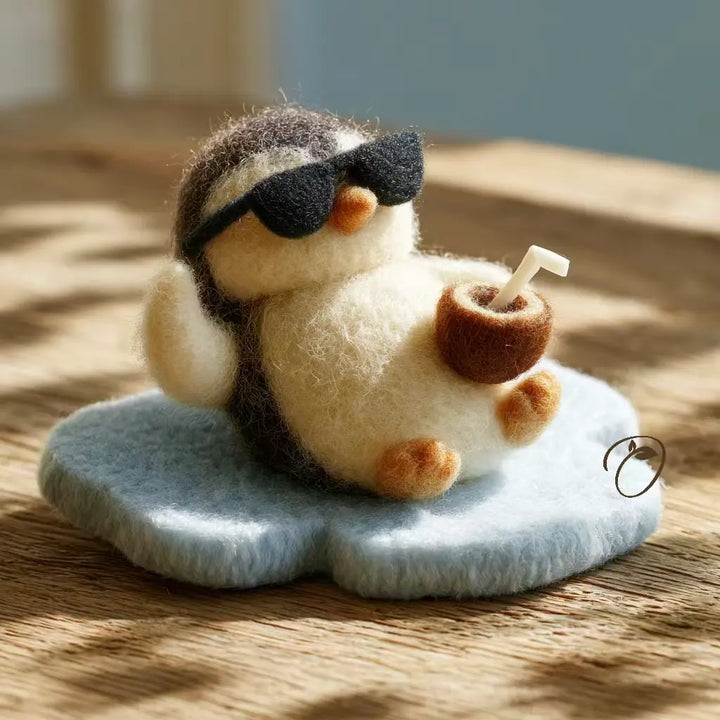 A cute needle-felted penguin figurine wearing black sunglasses and holding a brown coconut drink, resting on a light blue cloud-shaped base on a wooden surface with dappled sunlight.