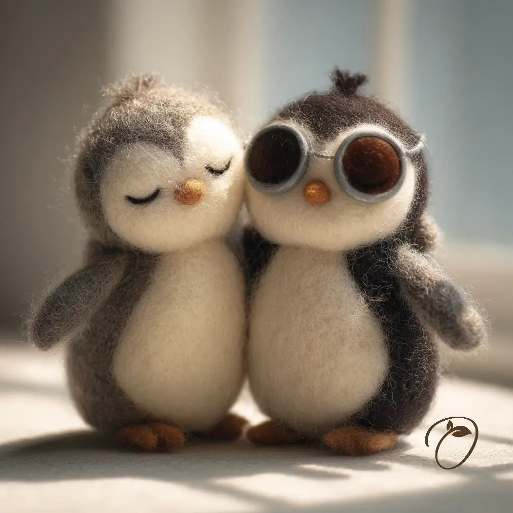 Two small felt penguin figurines posed together on a soft light gray surface. One penguin has closed eyes and a gray-and-white body, while the other wears round silver goggles and has dark gray, cream, and orange details.