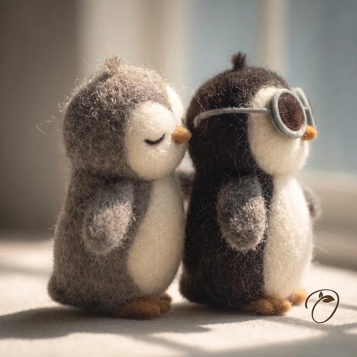 Two felt penguin figurines are sitting side by side on a soft surface in warm natural light. One penguin is light gray and white with closed eyes, and the other is dark gray/black with white, small orange feet, and round gray glasses.
