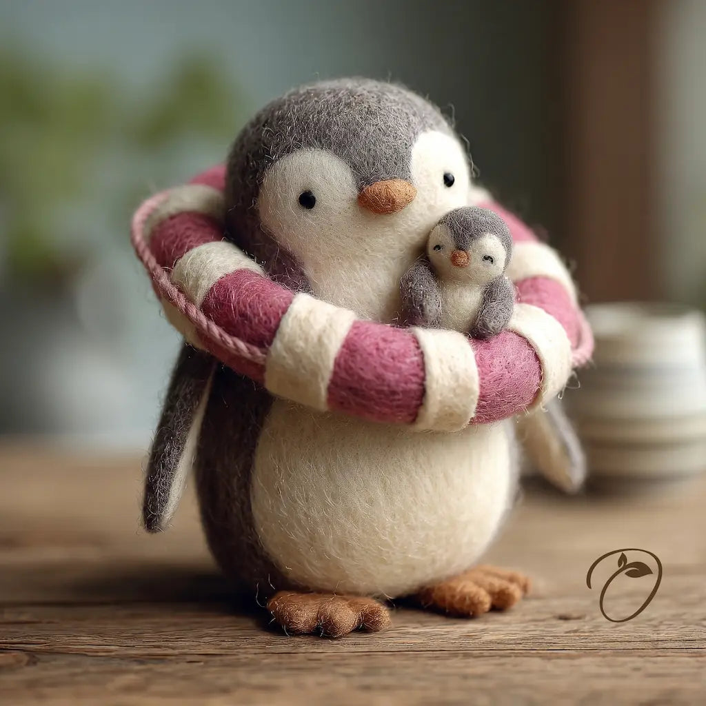 A felt penguin figurine holding a pink and cream striped life preserver, with a smaller penguin nestled inside its feathers, set on a wooden surface with a soft-focus background.
