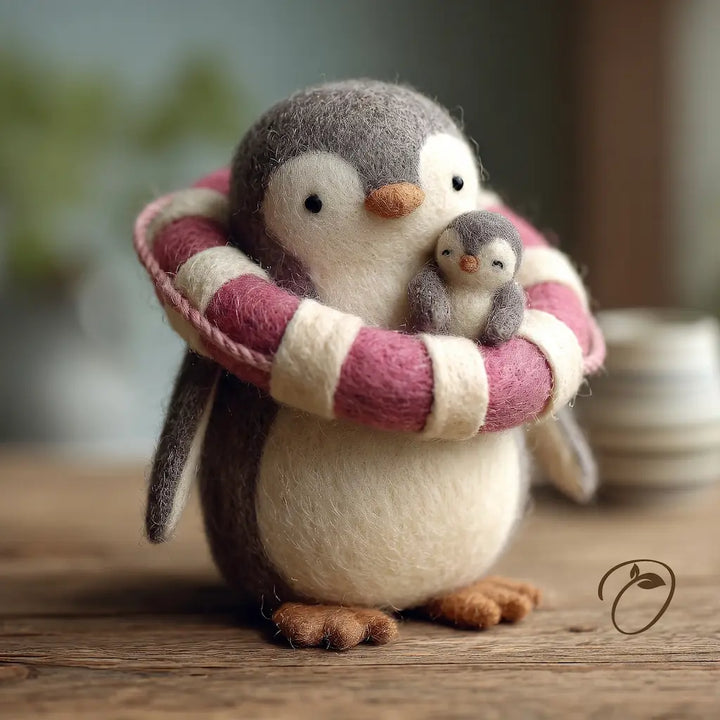 A felt penguin figurine holding a pink and cream striped life preserver, with a smaller penguin nestled inside its feathers, set on a wooden surface with a soft-focus background.