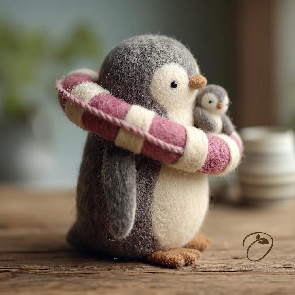 A felt penguin figurine with a small baby penguin nestled in its arms, wearing a pink and cream striped scarf, set on a wooden surface with a soft-focus background.
