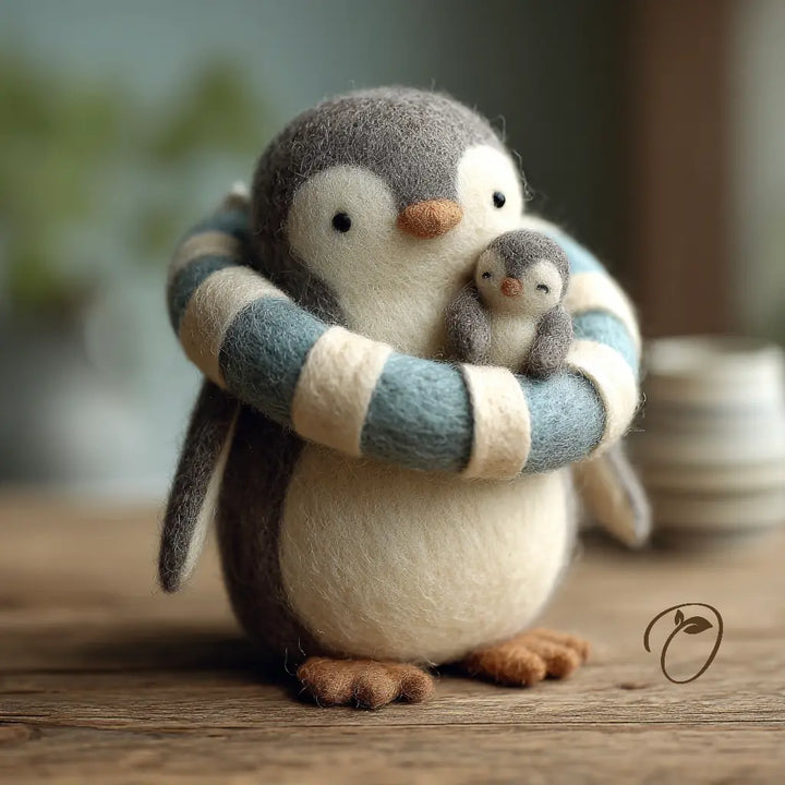 A felt penguin figurine holding a smaller penguin, wrapped in a blue and cream striped scarf, standing on a wooden surface with a softly blurred background.