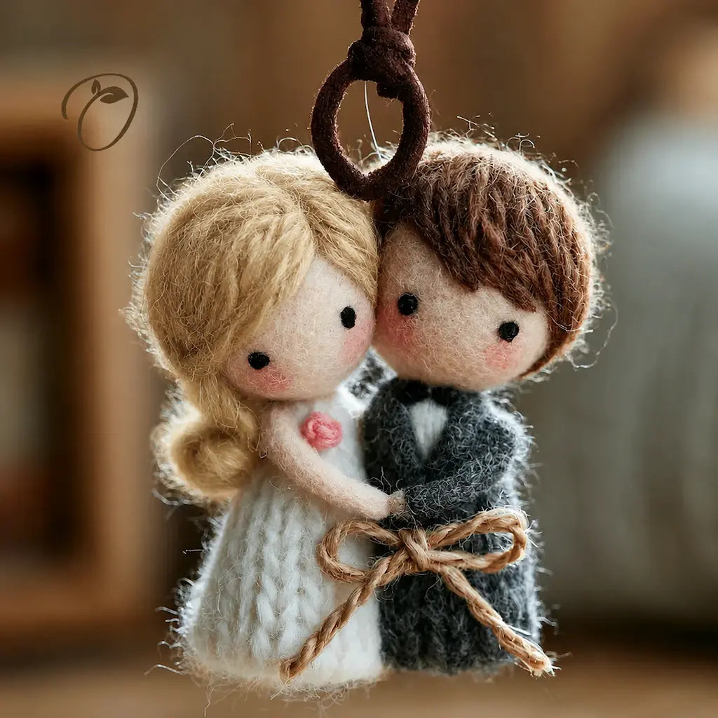 A handmade wool felt couple ornament featuring a blonde bride in a white dress and a brown-haired groom in a dark gray sweater, holding each other and tied together with a twine bow, hanging from a dark brown loop.
