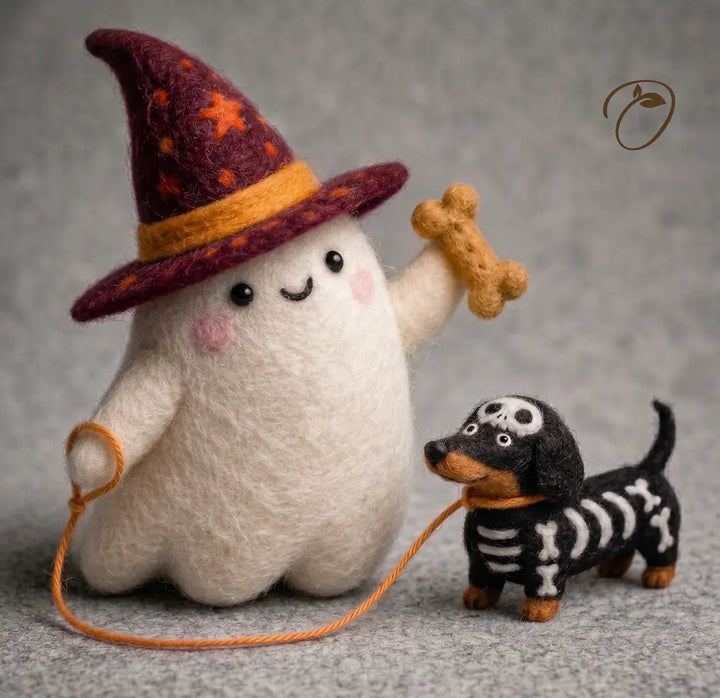 A cute felt art figurine of a white ghost wearing a purple witch hat with orange stars and a yellow band, holding an orange leash and a tan bone, next to a black and white skeleton dachshund on a gray textured background.