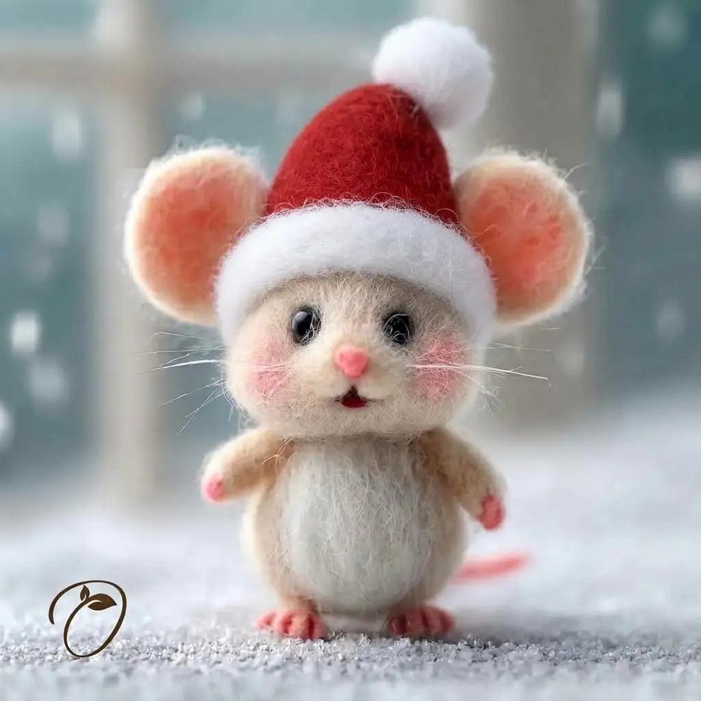 Wool felt Christmas mouse figurine with a plain red Santa hat, white pom-pom, pink ears and rosy cheeks