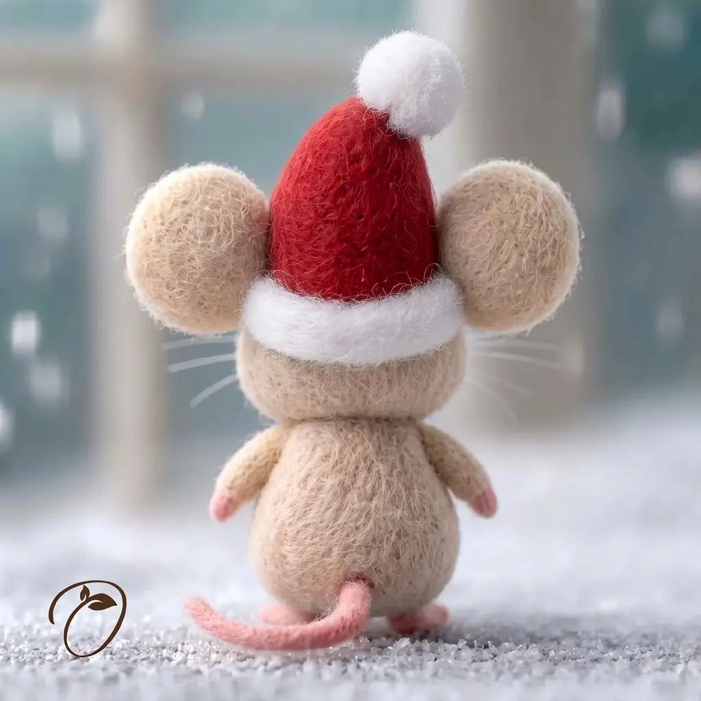 Back view of a wool felt Christmas mouse figurine with a plain red Santa hat, white trim and a curved pink tail