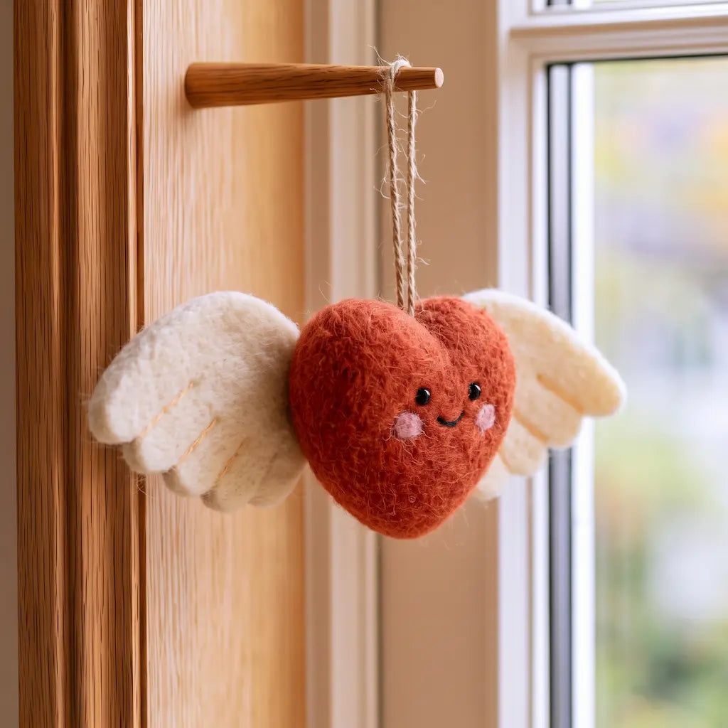 Angled view of a red felt heart ornament showing its rounded shape, ivory wings, and stitched feather details.