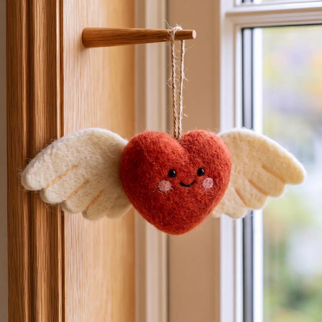 Smiling red wool felt heart with ivory wings and pink cheeks, hanging from a cord on a wooden peg.