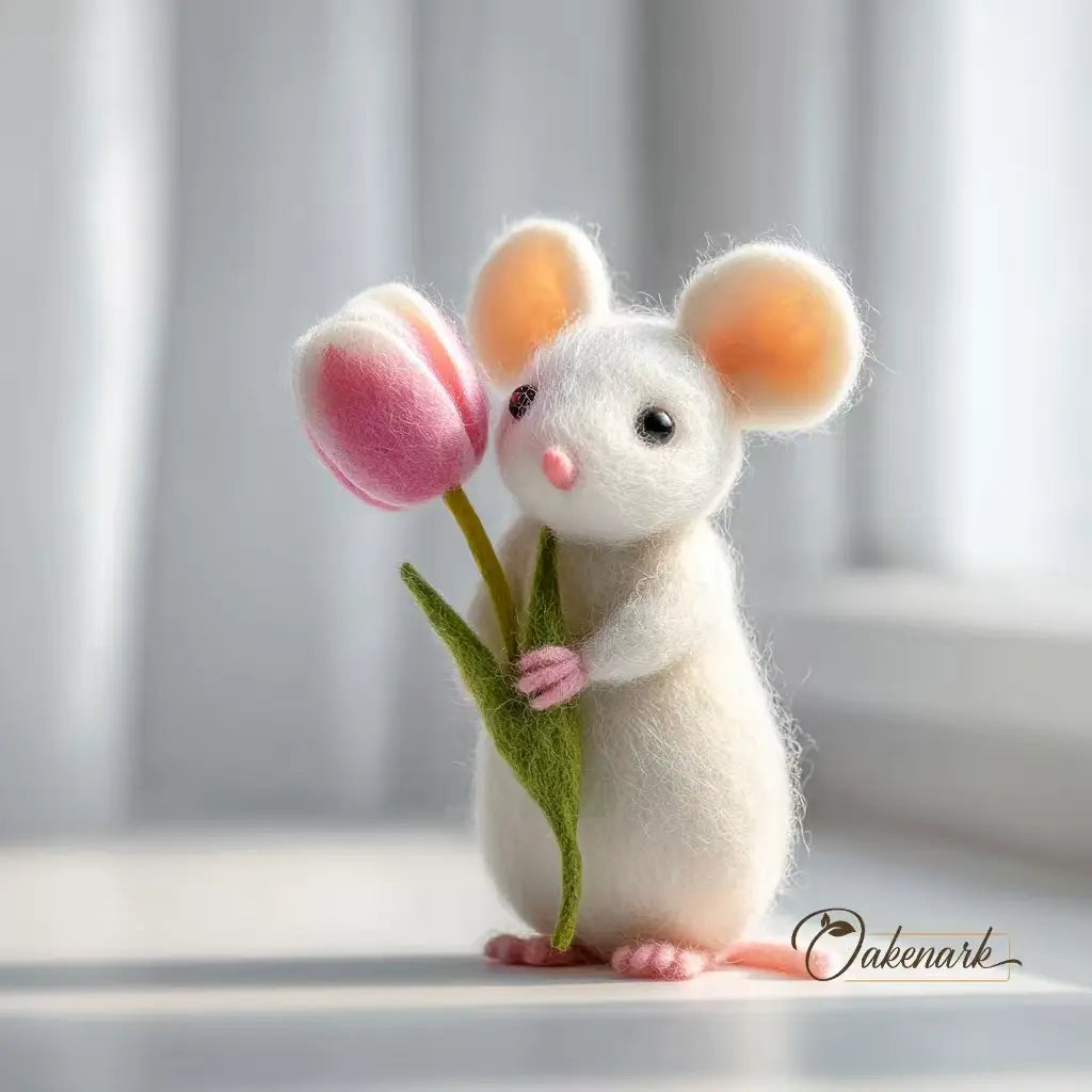 White mouse figurine holding pink flowers on a light background