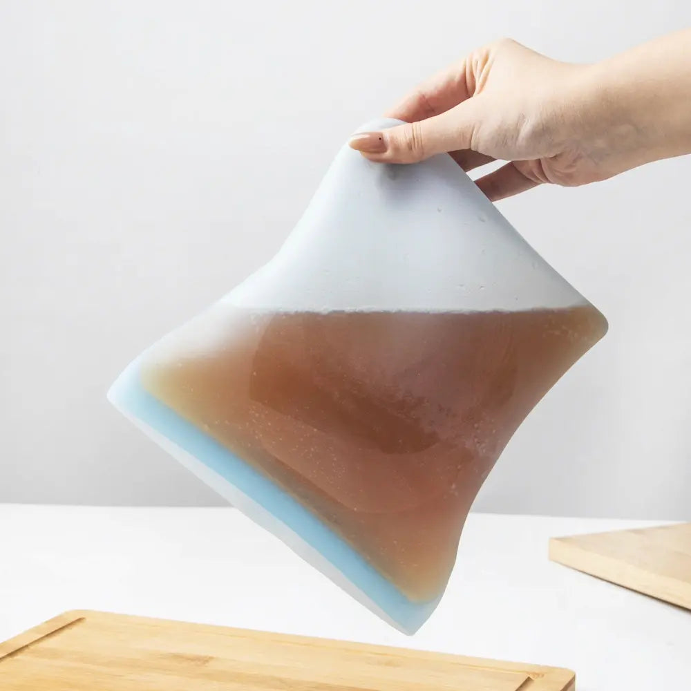 silicone food bag with a liquid inside