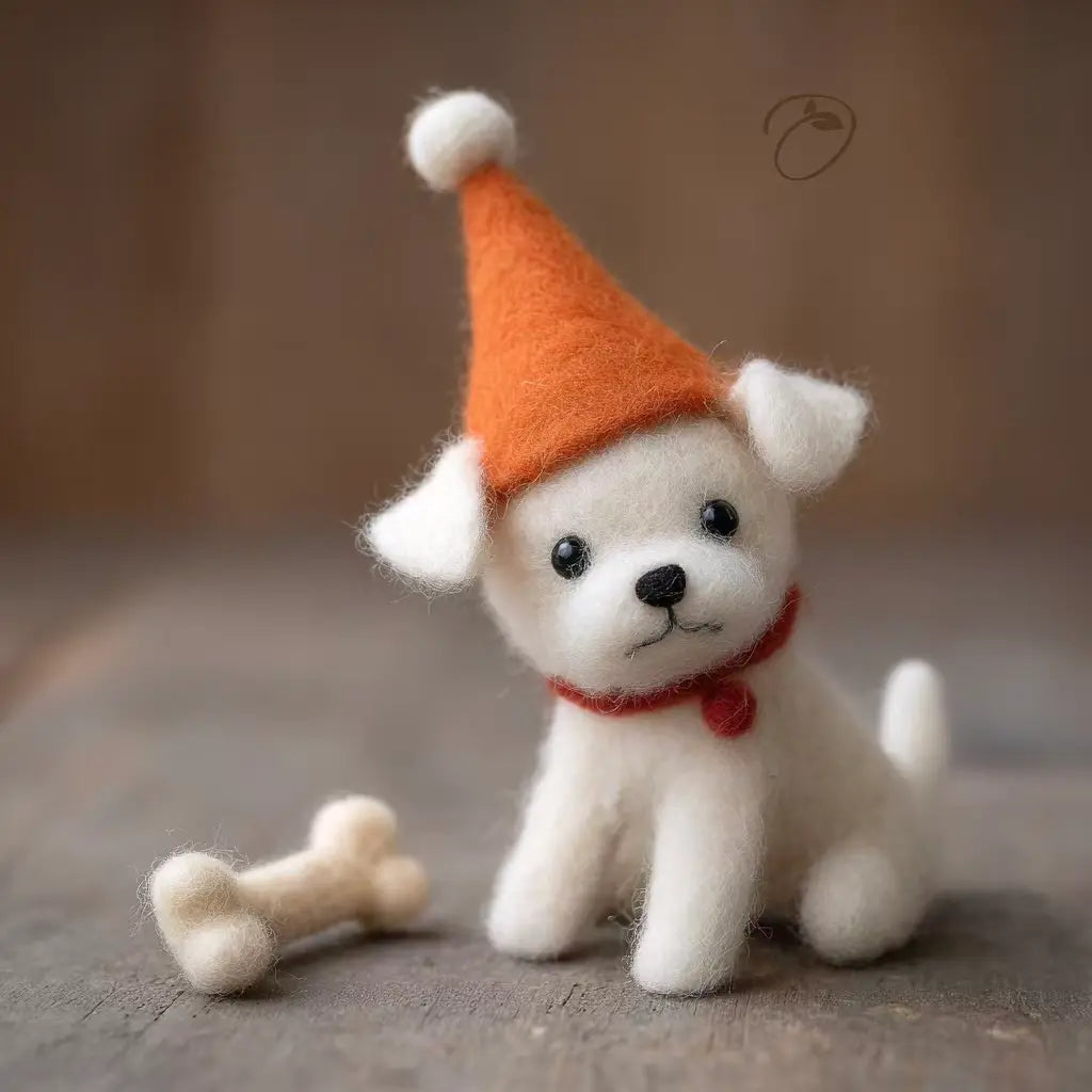 White dog toy with an orange hat and red scarf on a wooden surface