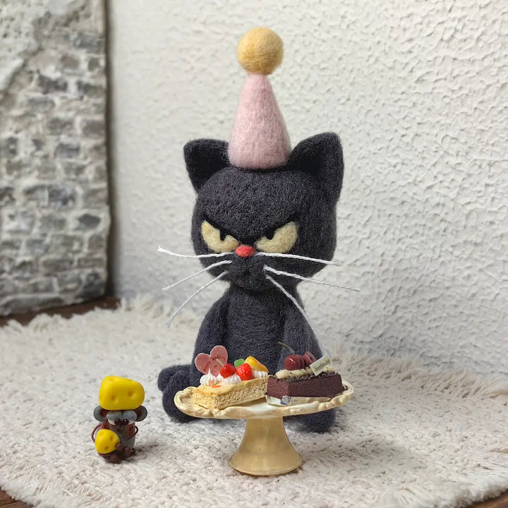Birthday Mood Cat felt figurine posed with miniature birthday cakes and a tiny mouse companion