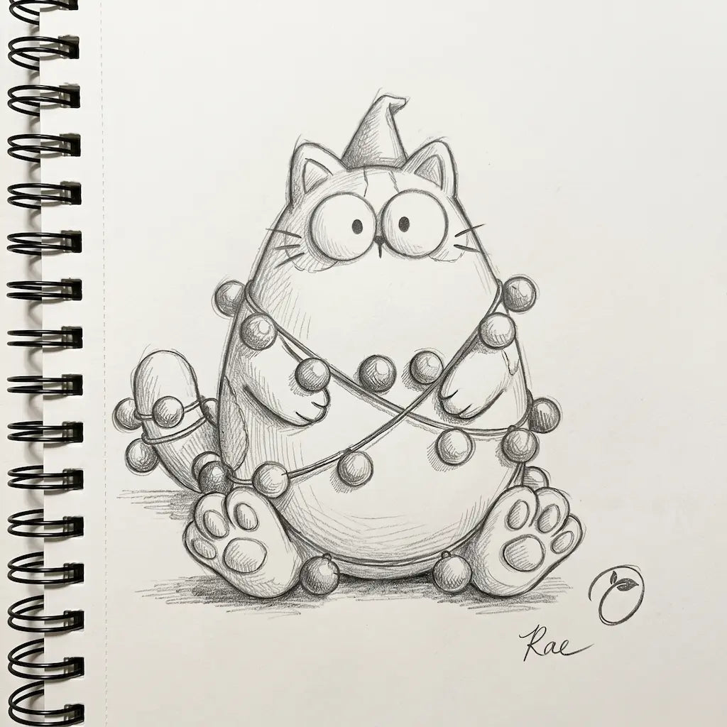 Original pencil sketch of the Bauble Trouble cat with wide eyes, a pointed hat and a bauble garland around its belly and tail, on a spiral notebook page.
