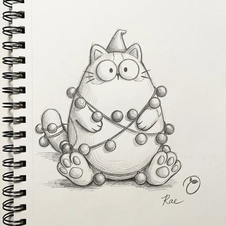 Original pencil sketch of the Bauble Trouble cat with wide eyes, a pointed hat and a bauble garland around its belly and tail, on a spiral notebook page.