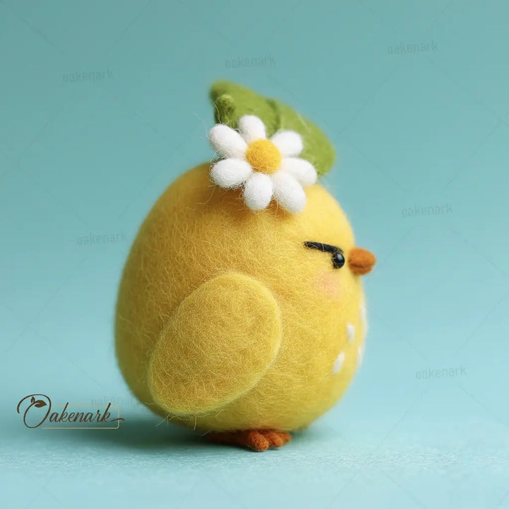 Yellow chick plush toy with a flower on a light blue background