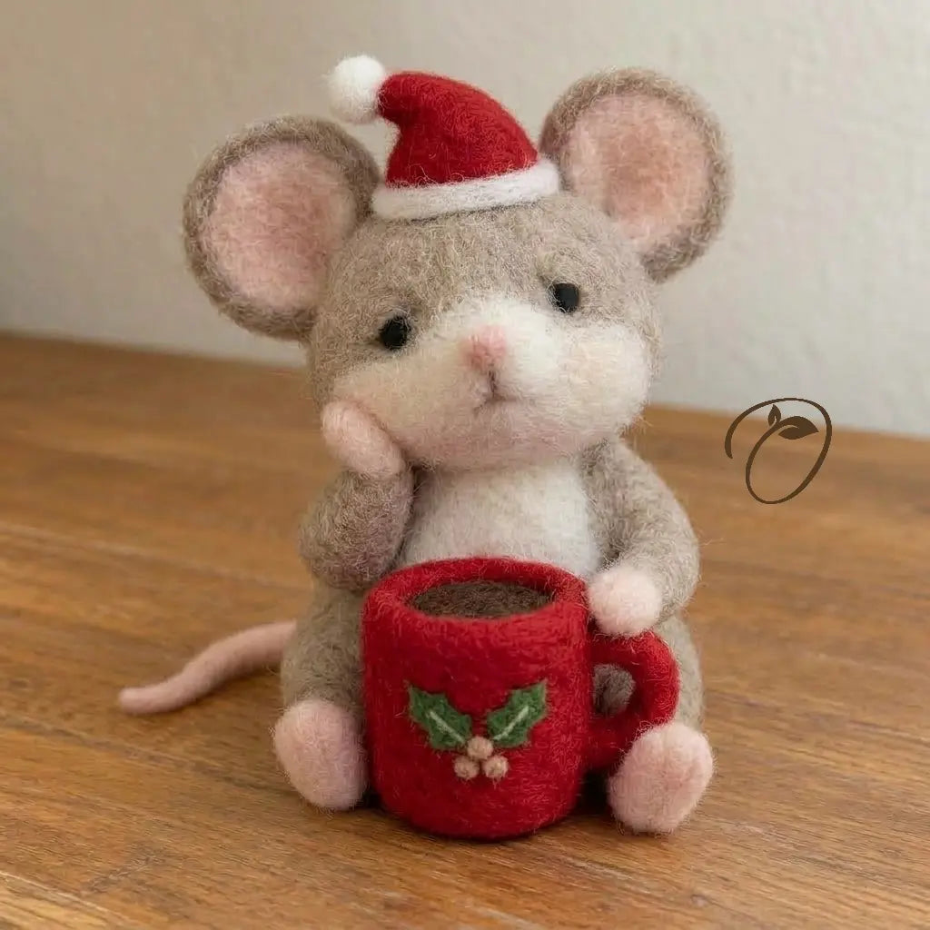 Christmas Cozy Cup Mouse wool felt figurine with Santa hat and red holiday mug