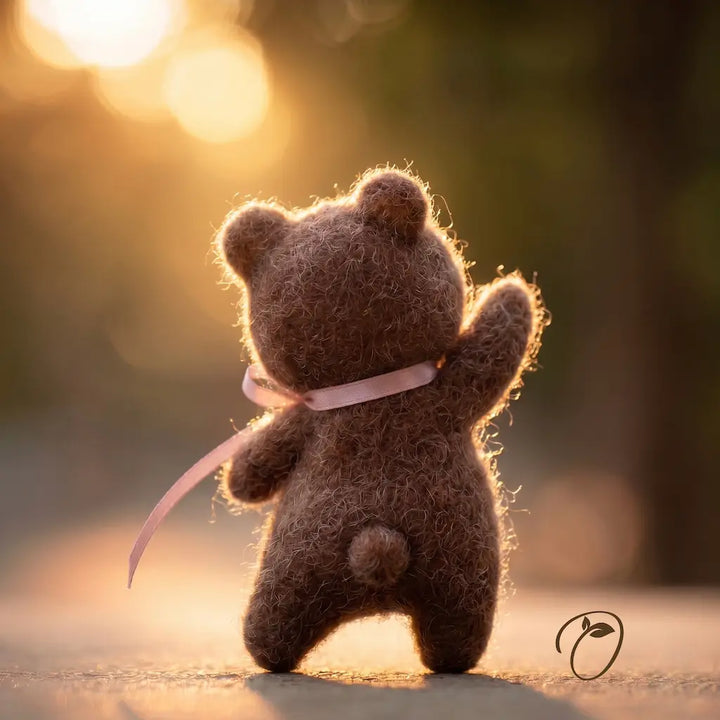 Brown teddy bear with a pink ribbon standing on a blurred natural background