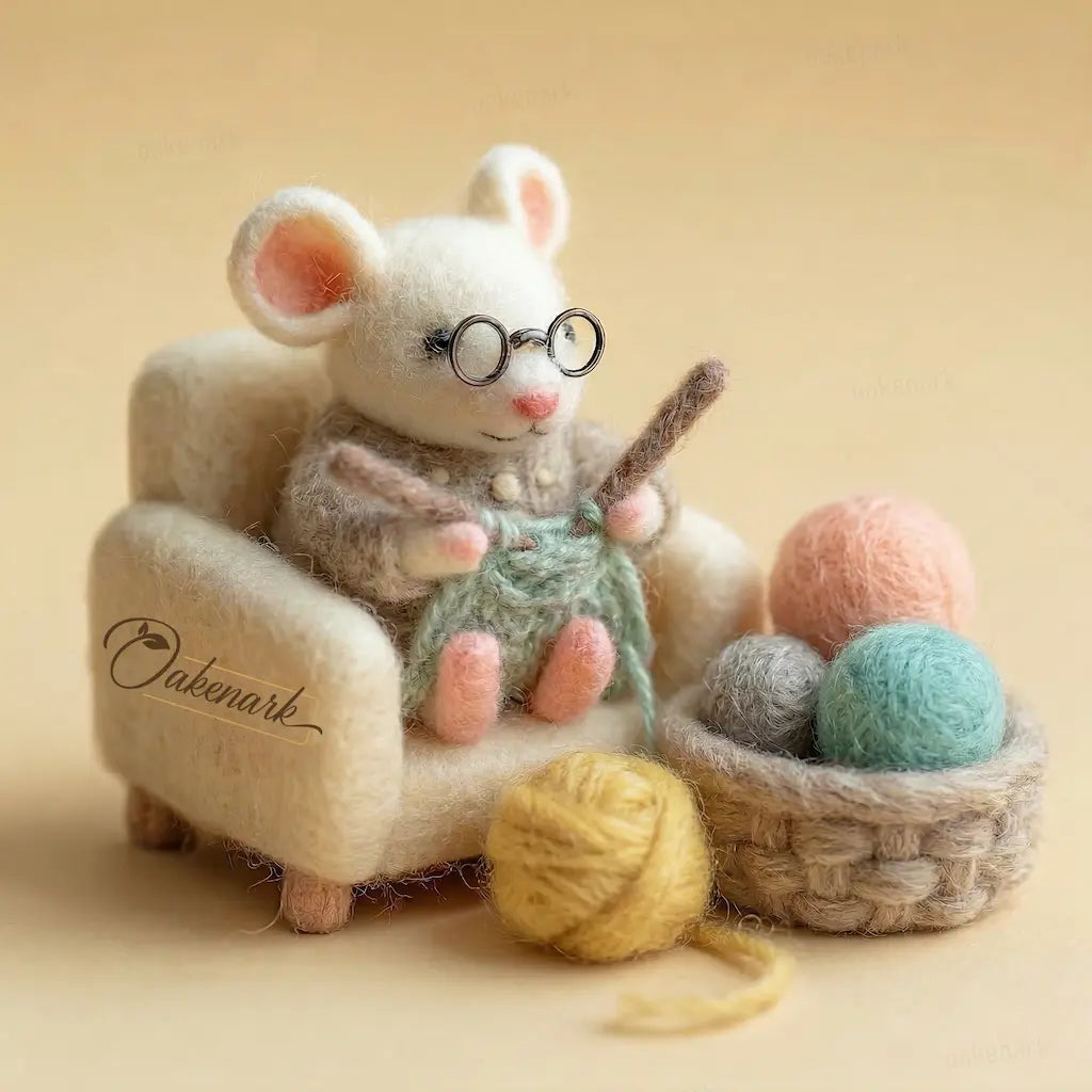 Toy mouse with glasses sitting on a chair with yarn balls