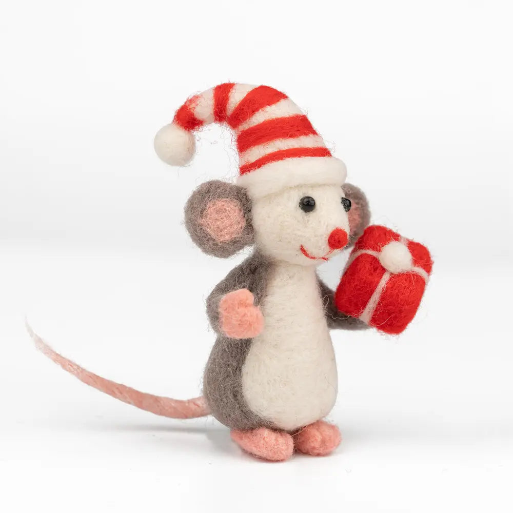 Felted mouse toy with a Santa hat and gift on a white background