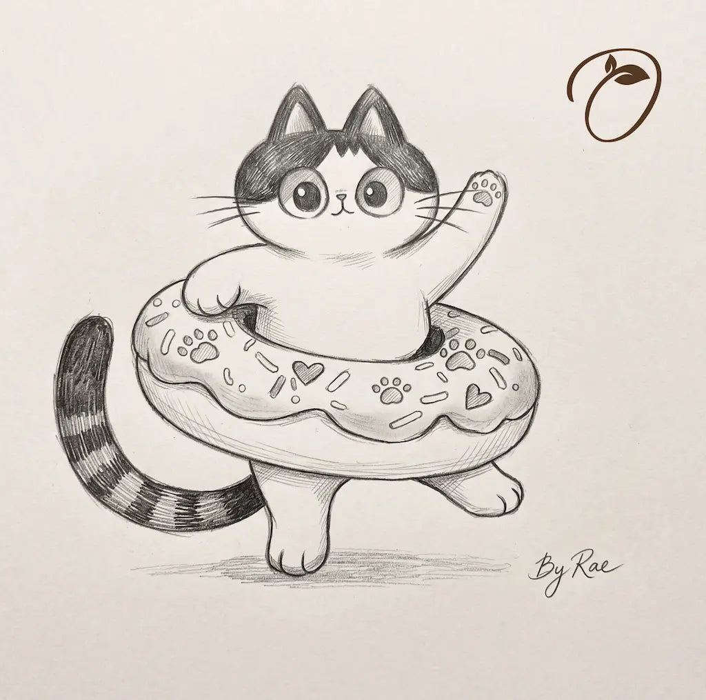 Original pencil sketch of Donut Drifter Cat hanging ornament concept
