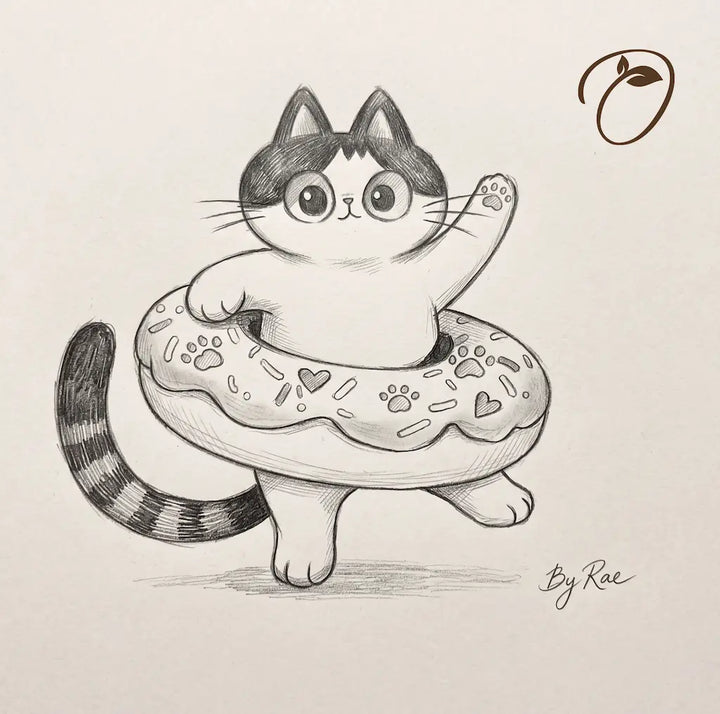 Original pencil sketch of Donut Drifter Cat hanging ornament concept